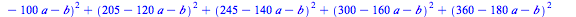 proc (a, b) options operator, arrow; `+`(`*`(`^`(`+`(210, `-`(`*`(20, `*`(a))), `-`(b)), 2)), `*`(`^`(`+`(170, `-`(`*`(40, `*`(a))), `-`(b)), 2)), `*`(`^`(`+`(155, `-`(`*`(60, `*`(a))), `-`(b)), 2)), ...
