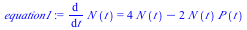 diff(N(t), t) = `+`(`*`(4, `*`(N(t))), `-`(`*`(2, `*`(N(t), `*`(P(t))))))