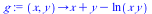 proc (x, y) options operator, arrow; `+`(x, y, `-`(ln(`*`(x, `*`(y))))) end proc